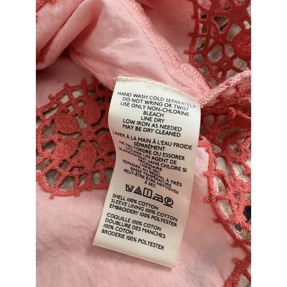 Anthropologie Cotton Puff-Sleeve Cutwork Blouse XL Peach